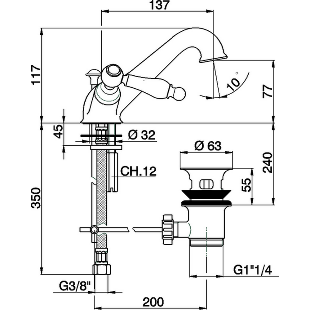 CISAL Arcana Toscana Смеситель двухвентильный для раковины на 1 отверстие с донным клапаном, цвет хром