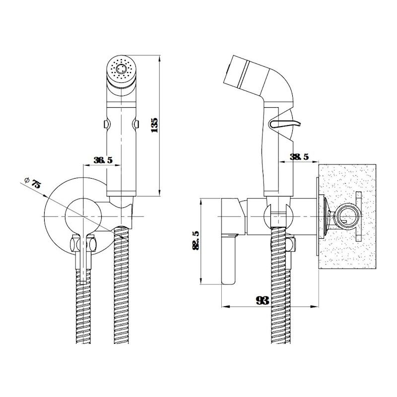 Гигиенический душ со смесителем встраиваемый ESKO SMHSCGM, оружейная сталь