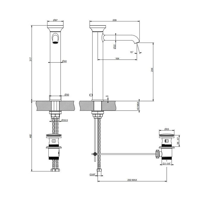 GESSI Origini Смеситель для раковины высокий с донным клапаном, в компл с отд вставкой, цвет хром