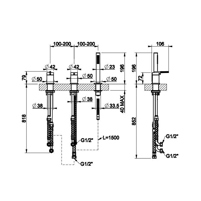 Gessi Ingranaggio Смеситель для ванны на 3 отверстия наполнение через слив-перелив, лейка, цвет: хром