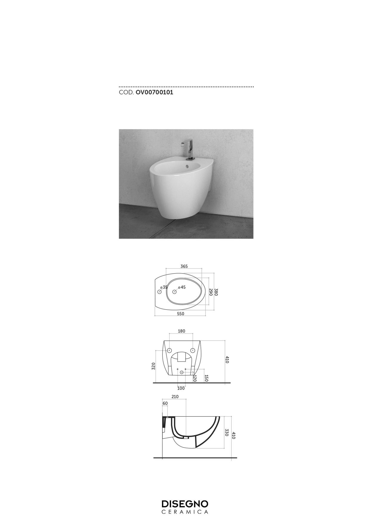 Disegno ceramica Ovo, подвесное биде, c крепежом, 55x38 см, цвет белый глянцевый