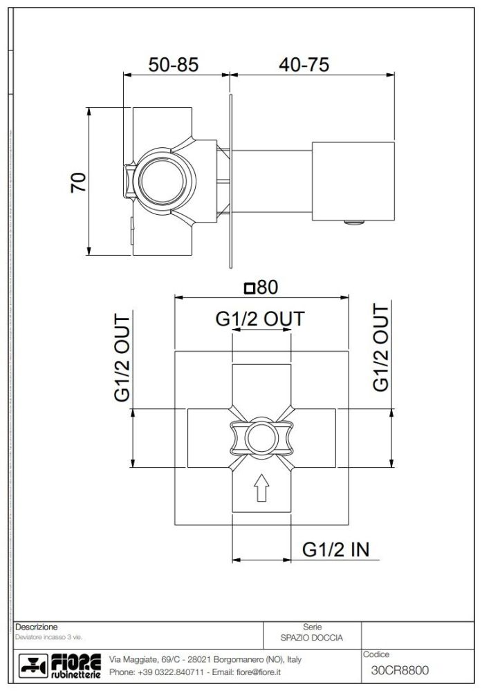 Fiore Kube, встраиваемый в стену однорычажный дивертор на 3 потребителя, цвет хром