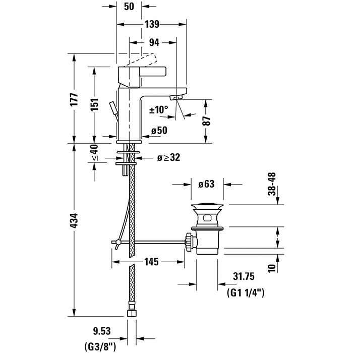 Duravit D-Neo Смеситель для раковины на 1 отв., с донным клапаном, h=151мм, излив 94мм, EcoStart цвет: хром