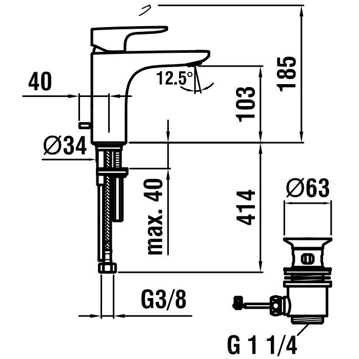 Смеситель для раковины, Laufen, Cityplus, тип открывания воды-однорычажный, тип регулирования воды-керамический картридж, монтаж-на раковину/столешницу, отверстия для монтажа-1, высота, мм-185, вынос излива, мм-115, тип излива-неподвижный, донный клапан-е