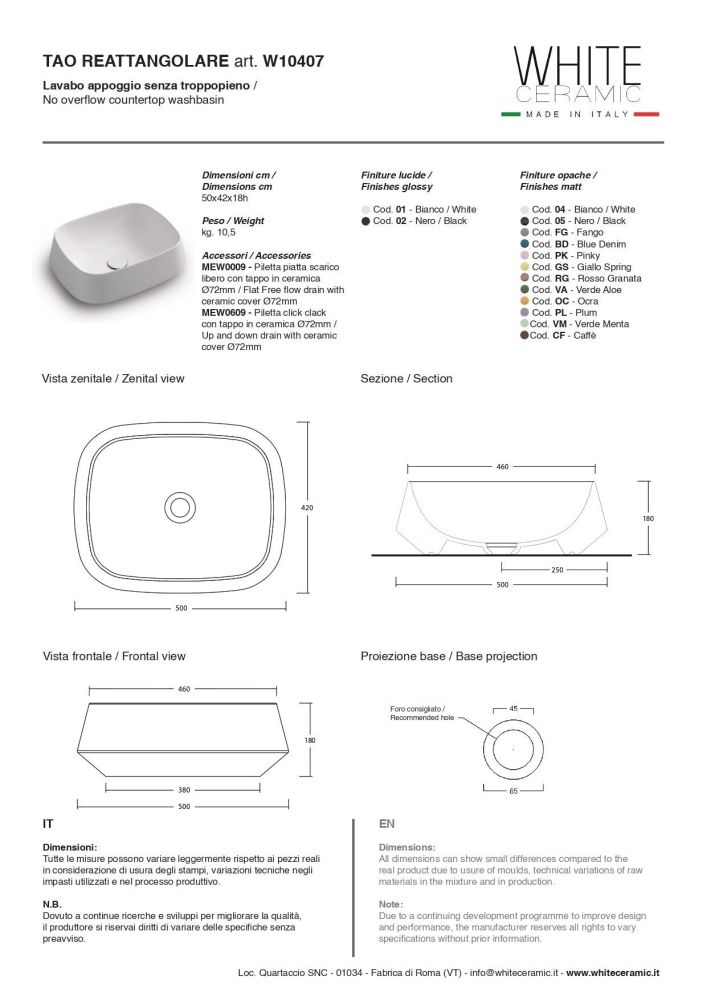 White Tao, накладная прямоугольная раковина 50x42x18h см, цвет белый глянцевый, артикул W1040701