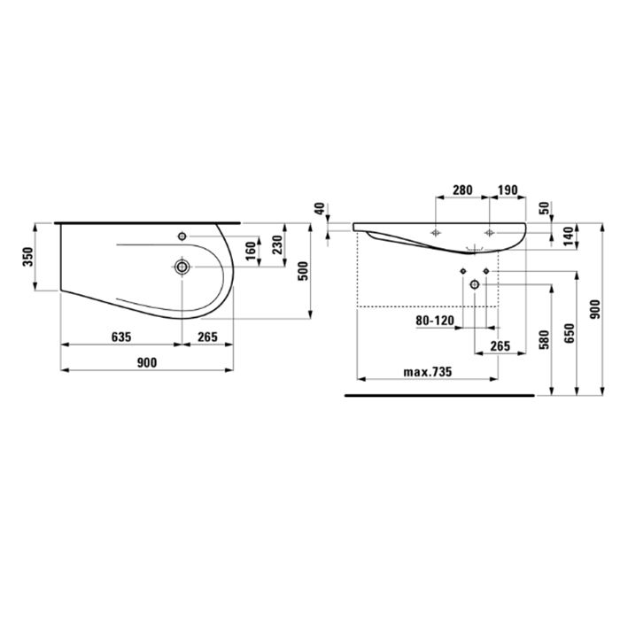Laufen Alessi One Раковина 900х500х165мм с 1 отв. под смес, полка слева, с покр. LLC, цвет: белый
