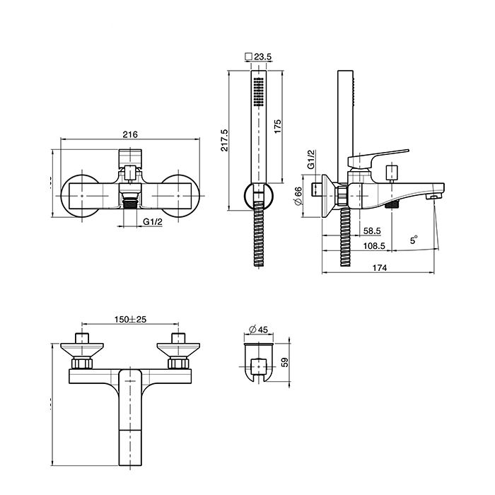 FIMA|Carlo Frattini Fit Смеситель для ванной, настенный, с душ. комплектом, излив 170мм, цвет: белый матовый FIMA|Carlo Frattini Fit Смеситель для ванной, настенный, с душ. комплектом, излив 170мм, цвет: белый матовый