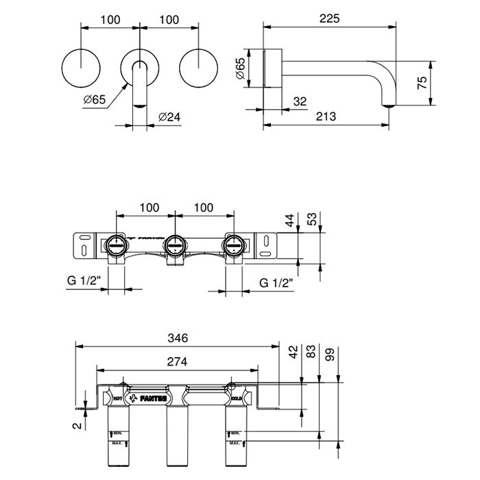 Fantini AF/21 Смеситель из стены для раковины (Наружная часть), цвет Matt British Gold PVD