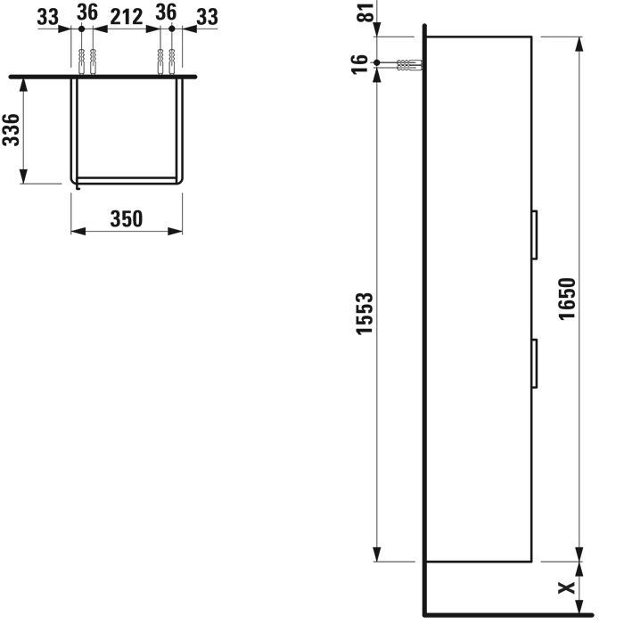 Laufen BASE шкаф высокий 350x335x1650 мм, 2 дверцы, петли справа, 1 ящик, 4 стекл. полки,  белый глянцевый, артикул 4.0271.2.110.261.1