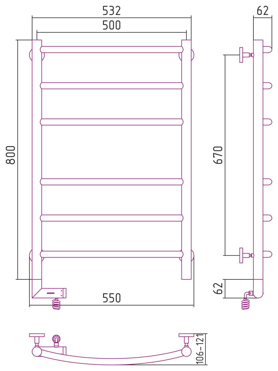 Полотенцесушитель электрический "ГАЛАНТ 2.0" 800х500 / МЭМ левый (Матовый Чёрный)