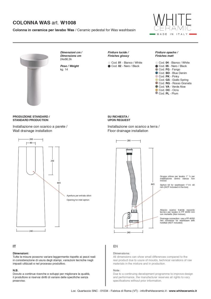 White Ceramic Was, пьедестал 24x66,5h см для круглой раковины, цвет черный матовый, артикул W100805