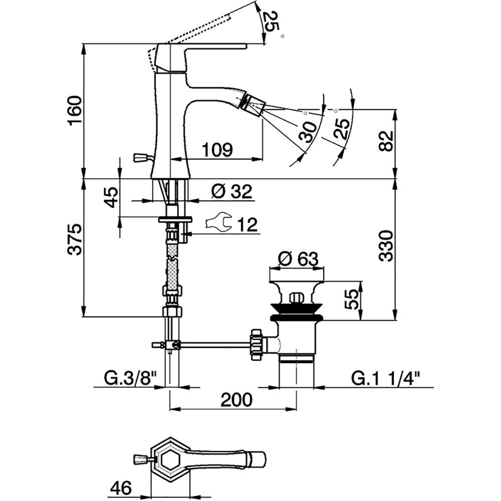 Смеситель для биде, Cisal, Chérie, тип открывания воды-однорычажный, тип регулирования воды-керамический картридж, отверстия для монтажа-1, высота, мм-160, вынос излива, мм-109, донный клапан-есть, тип подводки-гибкая, стандарт подвода воды-3/8", цвет-зол
