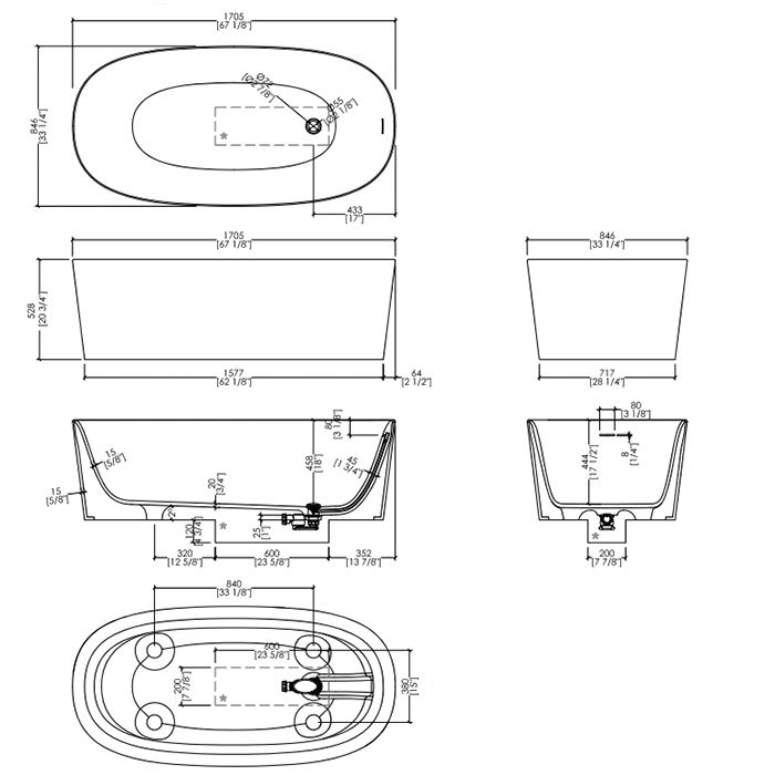 Devon Dove Ванна отдельностоящая без цоколя  из  WHITE TEC PLUS 170,5х52,8х84,6  см, цвет: белый,  в компл донный клапан с крышкой из WHITE TEC