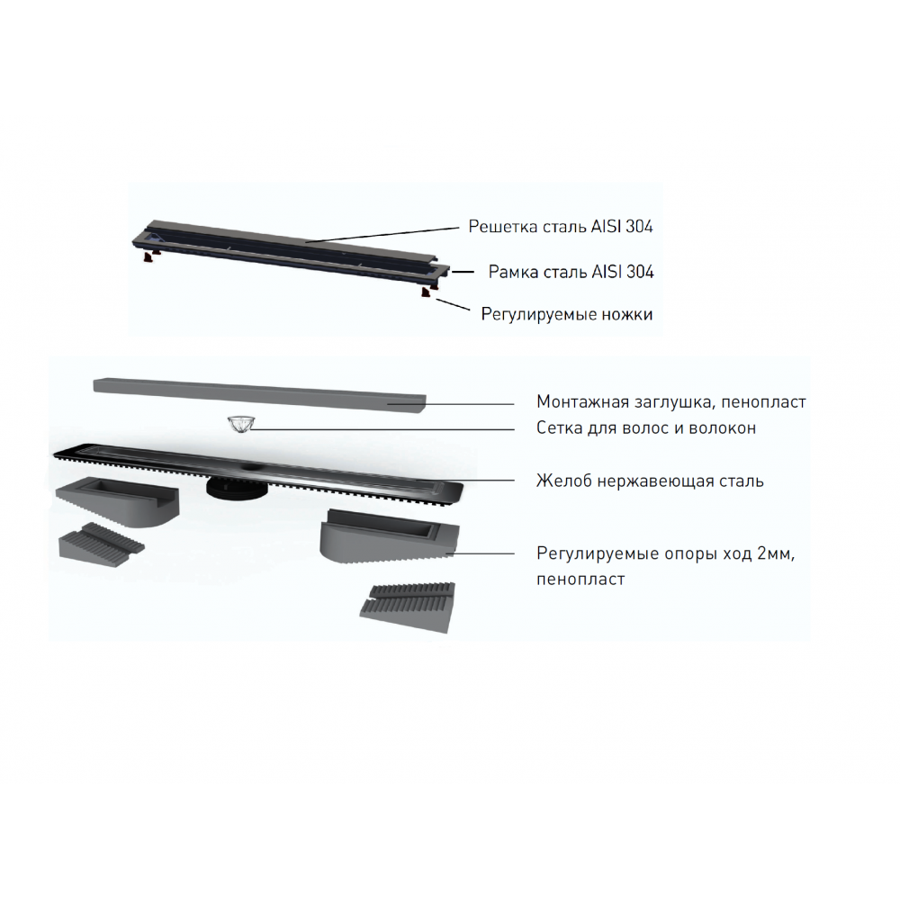 Желоб BERGES водосток TOP Stark 700, матовый хром, S-сифон D50/105 H50 вертикальный