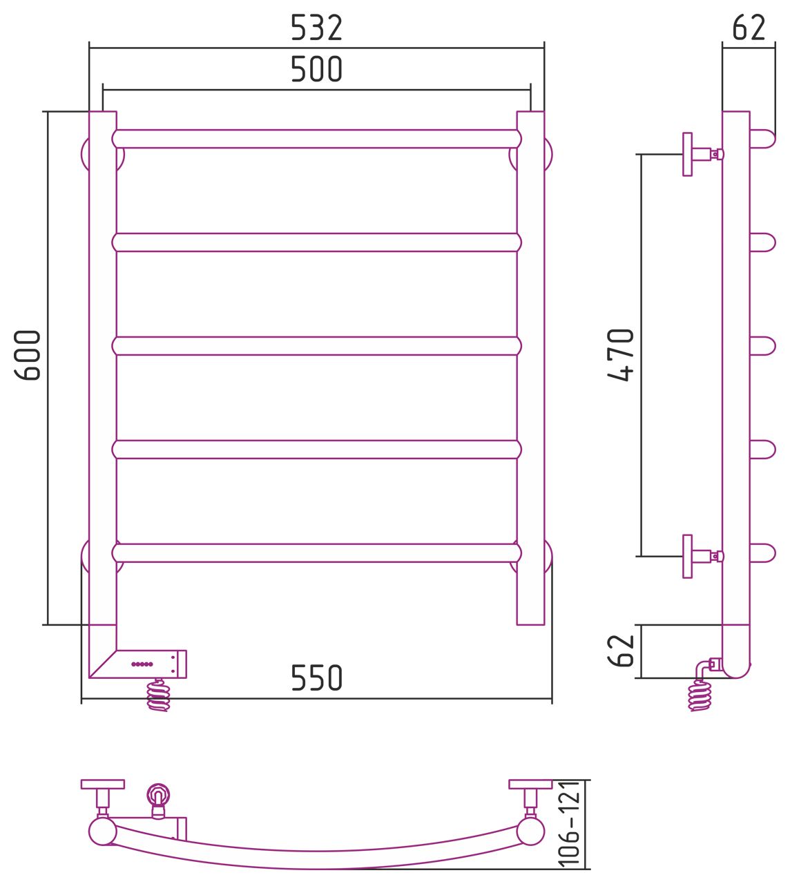 Полотенцесушитель электрический "ГАЛАНТ 2.0" 600х500 / МЭМ левый (Матовый Белый)