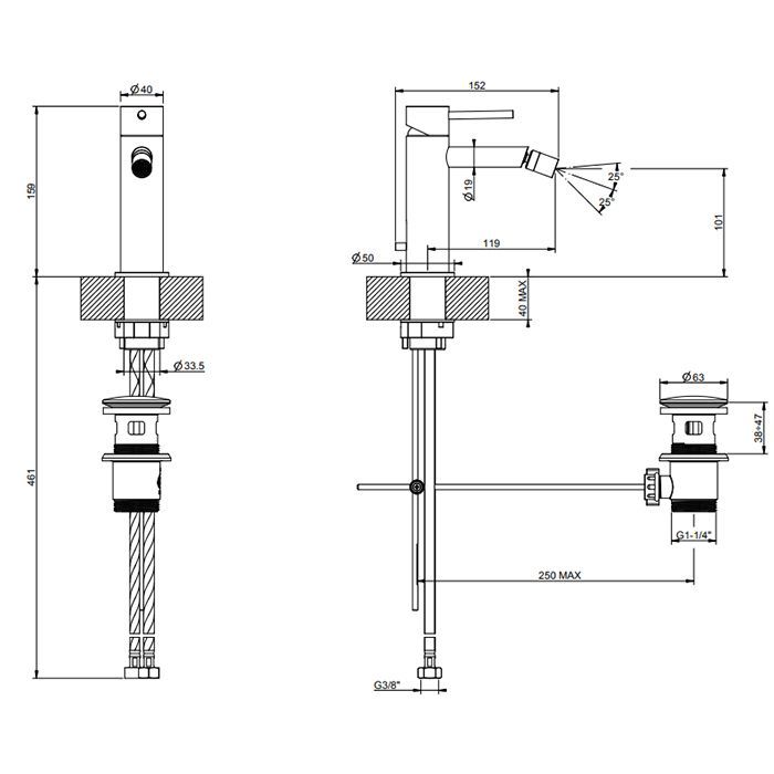 GESSI 316 Смеситель для биде на 1 отверстие с донным клапаном, излив 118мм, цвет: Black XL