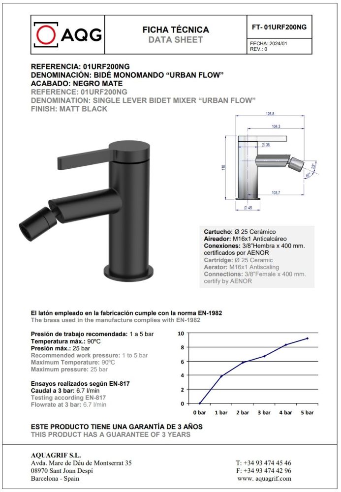 AQG Urban Flow, однорычажный смеситель для биде без донного клапана, цвет черный матовый