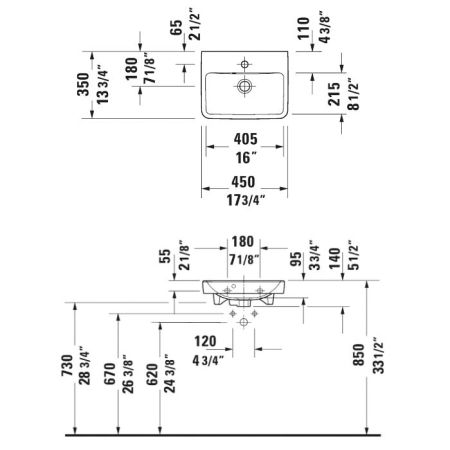Раковина, Duravit, Duravit No.1, ширина, мм-450, глубина, мм-350, высота, мм-140, тип установки-подвесной, отверстия для смесителя-1, с переливом, материал-керамика, без креплений, цвет-белый, артикул 07434500002