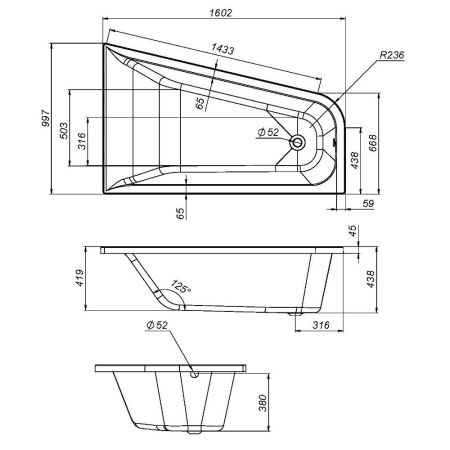 W72A-160L100W-A2 Ванна акриловая spirit  ассиметричная 160x100, без слива/перелива, левосторонняя