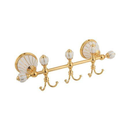 OLIVIA Планка с тремя крючками L30 см, керамика белая с золотым декором, золото, артикул 17525