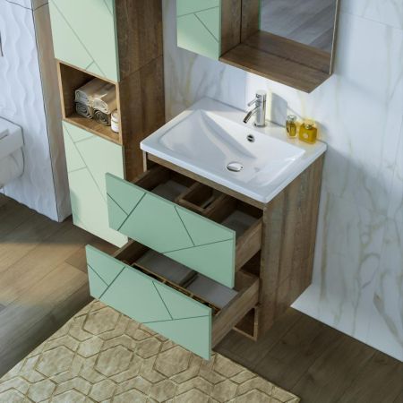 Тумба с раковиной и нишей Бриклаер КРИСТАЛЛ 60F, фисташковый/дуб гранж песочный, артикул КРИСТАЛЛ 60F