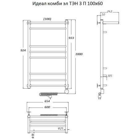 Электрический полотенцесушитель Тругор Идеал Комби 3 элТЭН 100x60 с полкой Хром, артикул Идеал/комби3/элТЭН10060П
