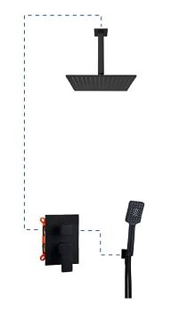 AQG Bold, душевой комплект EС217 на 2 потребителя: с квадратным верхним душем 25х25 см и потолочным кронштейном 35 см, цвет черный матовый