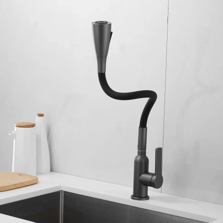Смеситель для кухни с гибким изливом Shevanik S843T-3, оружейная сталь/черный, артикул S843T-3