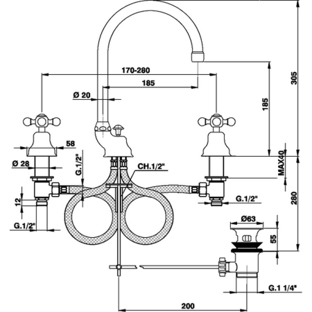 CISAL Arcana Ceramic Смеситель для раковины на 3 отверстия, с донным клапаном, цвет хром, артикул AC00106021