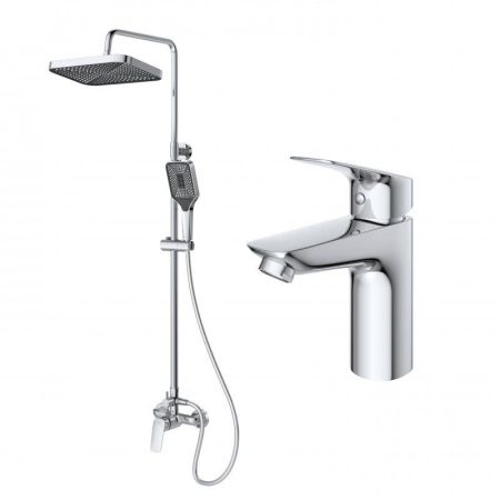 DUE Комплект для ванной - душевая стойка и смеситель для раковины, артикул DUE-DOCM/LVM-CRM