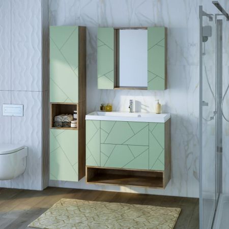 Тумба с раковиной и нишей Бриклаер КРИСТАЛЛ 90F, фисташковый/дуб гранж песочный, артикул КРИСТАЛЛ 90F