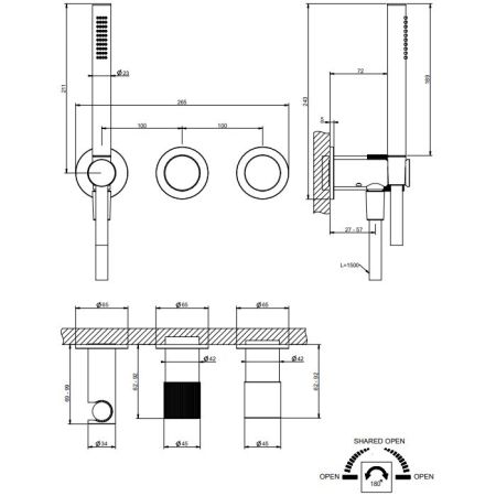 GESSI HABITO RIGATO Смеситель настенный встраиваемый, однорычажный, с переключателем на 2 положения, с ручным душем, настен держ, цвет Black Metal Br., артикул 70538#707