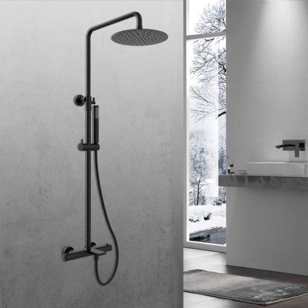 душевые стойки Vincea Душевая стойка Vogue VSFS-1V1TMB термостат с изливом, 25см верх душ из нерж. стали, черный,, артикул VSFS-1V1TMB