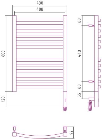 Полотенцесушитель, Сунержа, Аркус 3.0, электрический, ширина, мм-430, глубина, мм-92, высота, мм-720, межосевое расстояние-400, перемычка-выгнутая, нагревательный элемент-ТЭН, подключение-нижнее справа, электрокомплект-МЭМ, мощность, Вт-300, материал-нерж, артикул 15-5705-6040