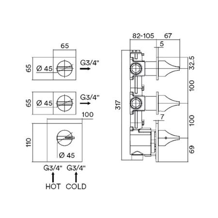 BOSSINI APICE Смеситель для душа встраиваемый, термостатический, 2 запорных вентиля, внешняя часть, цвет белый матовый, артикул Z035203.045