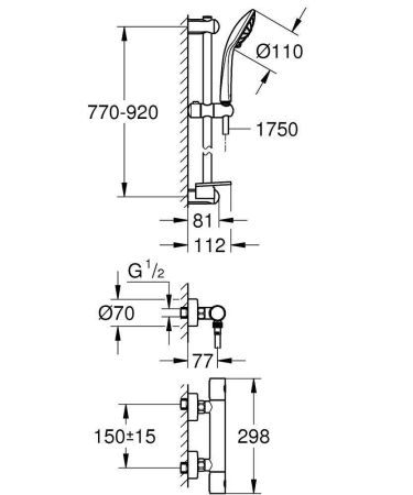 Термостатический смеситель для душа GROHE Grohtherm 1000 Cosmopolitan New с душевым гарнитуром (штанга 900 мм), хром (34321002), артикул 34321002