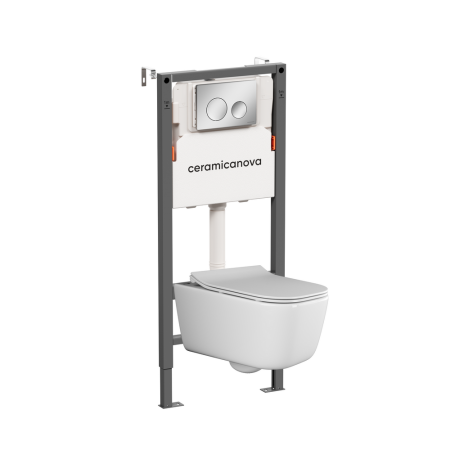 Комплект Подвесной унитаз Новый день (New day) Безободковый (Rimless) + Система инсталляции Баланс (Balance) кнопка Круг (Circle), хром глянцевый, артикул CN3005_121001CH