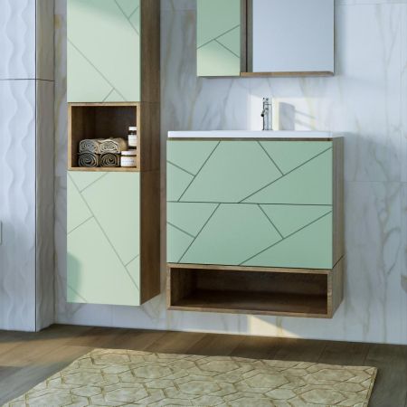 Тумба с раковиной и нишей Бриклаер КРИСТАЛЛ 70F, фисташковый/дуб гранж песочный, артикул КРИСТАЛЛ 70F