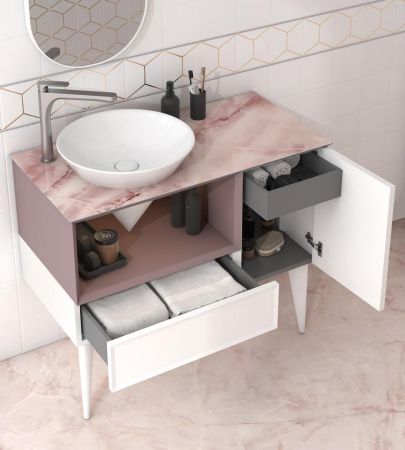 Тумба CONO подвесная с открытой полкой и ящиками 97, белая матовая-мальва, артикул CO.97\MAL