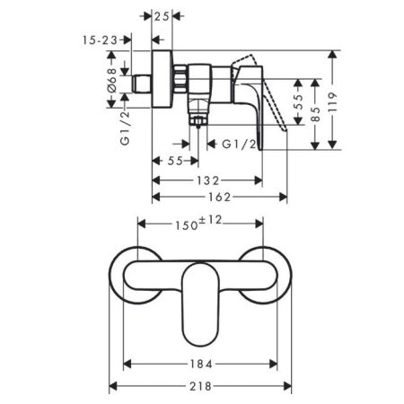 Смеситель для душа, Hansgrohe, Rebris S, тип открывания воды-однорычажный, тип регулирования воды-керамический картридж, монтаж-настенный, отверстия для монтажа-2, цвет-черный матовый, артикул 72640670