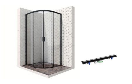 Душевой уголок Ambassador Queen Black 11011201-PR2, полукруглый, линейный трап, 90х90, артикул 11011201-PR2