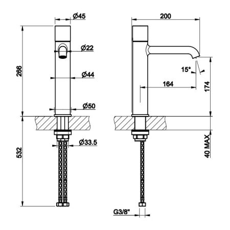 GESSI HABITO RIGATO Смеситель для раковины средней высоты без донного клапана, с соединительными шлангами. RIGATO, цвет Copper Brushed PVD
