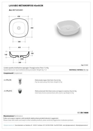 Olympia Metamorfosi, накладная квадратная раковина 45x45xh14 см, с донным клапаном, цвет белый глянцевый, артикул MET42O4001