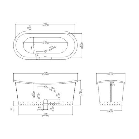 Devon Ambra Ванна чугунная (без отверстий для смесителя),182x81xh70,5cм, свободностоящая, цвет: белый, вн.отделка: листовая медь (без слива-перелива), артикул NAAMBRA