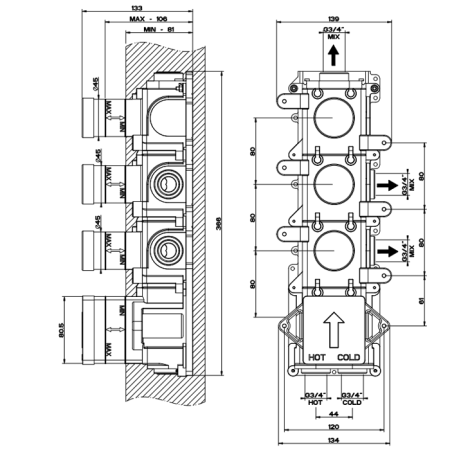 Gessi Внутренняя часть встраиваемого термостатического смесителя с 3мя независимыми выходами