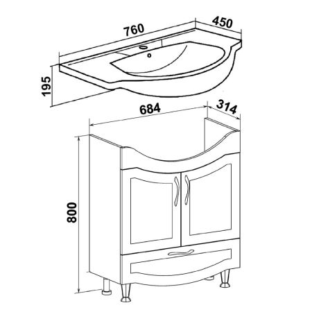 Тумба Runo Неаполь 75 под умывальник УТ000001314 (Элеганс 75) (00-00001034), артикул 00-00001034