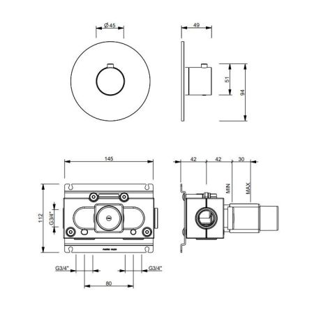 FANTINI SAILING Смеситель настенный встраиваемый, термостатический, без запорного вентиля, внешняя часть, цвет Matt Gun Metal PVD, артикул 67 P5 J200B