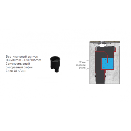 Желоб BERGES водосток SUPER line 650, матовый хром, S-сифон D50/105 H50 вертикальный