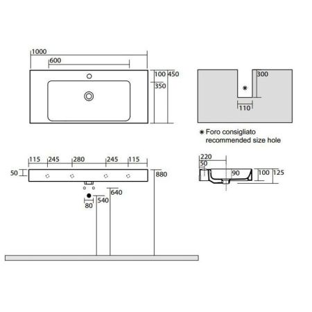 KERASAN Cento раковина 100х45 с 1отв под смеситель, белая, артикул 355001*1