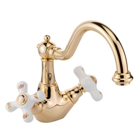 PROVANCE Смеситель для раковины, донный клапан "click-clack", бел. с декором/золото, артикул 19482